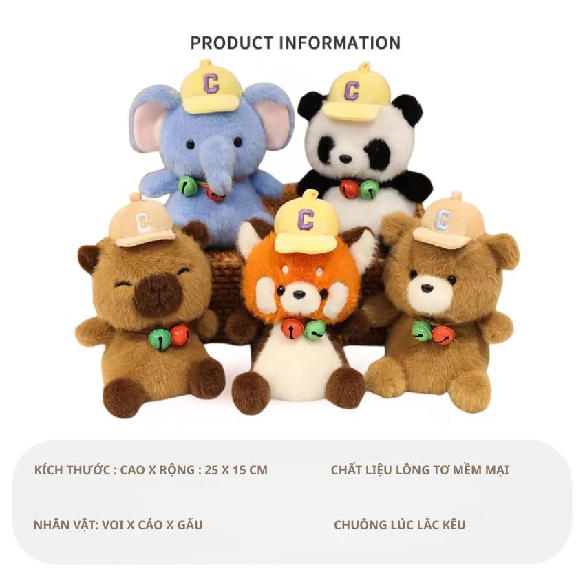 Gấu Bông Con Vật Voi Gấu Trúc Vịt Cánh Cụt Đội Mũ Đeo Chuông Siêu Dễ Thương Size Nhỏ 26Cm Làm Quà Tặng Cho Bé, Bạn Gái