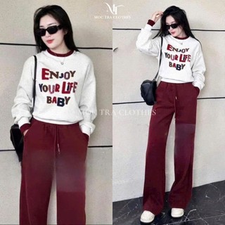 Set bộ đồ nữ mặc nhà Quảng Châu 2 món gồm áo nỉ chữ phối viền đỏ và quần suông đỏ ống rộng