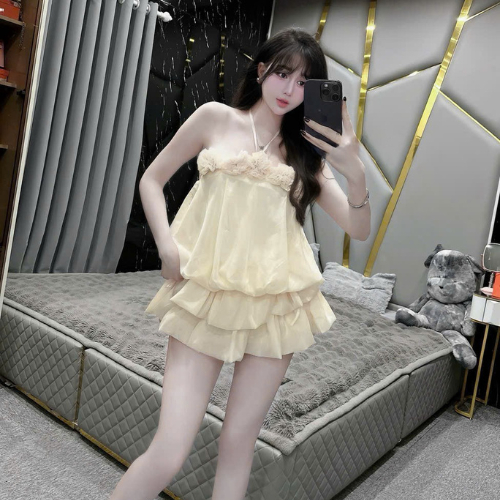 AXT_Đầm váy ngắn, đầm Yếm Tơ tầng bí đính bông Ánh Kim cao cấp + quần, có mút lót