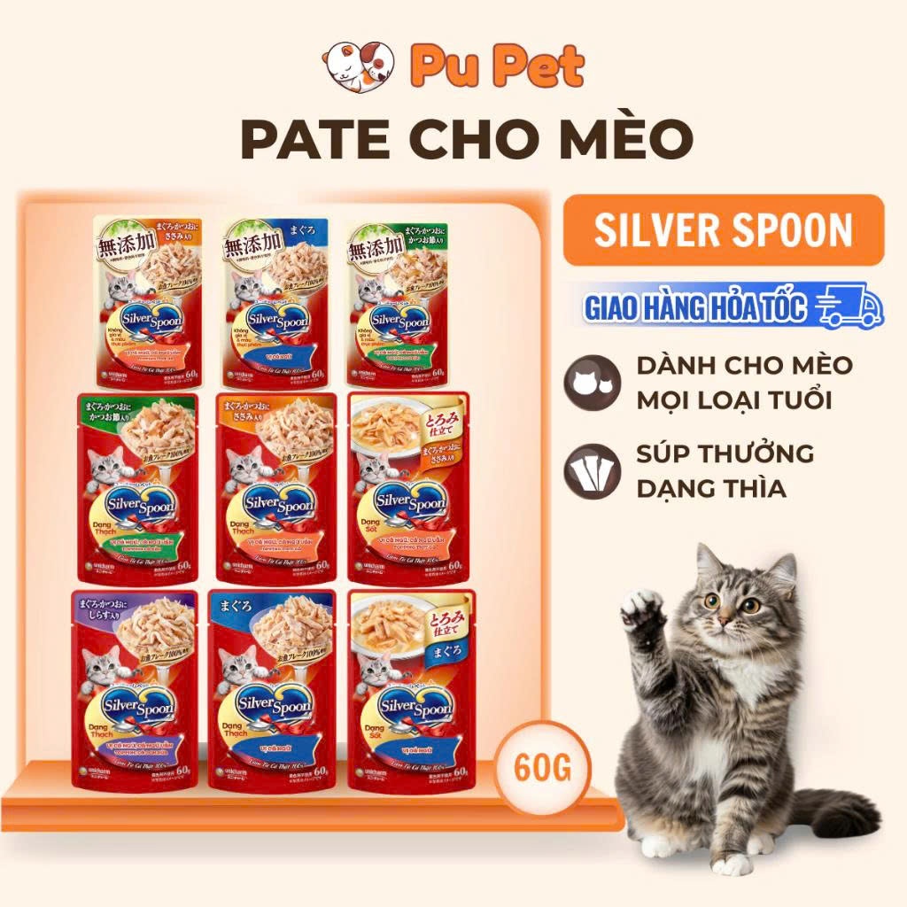 Combo 24 Gói Pate Cho Mèo Silver Spoon 60gram - Thức Ăn Ướt Cho Mèo Silver Spoon-Dạng Sốt, Thạch