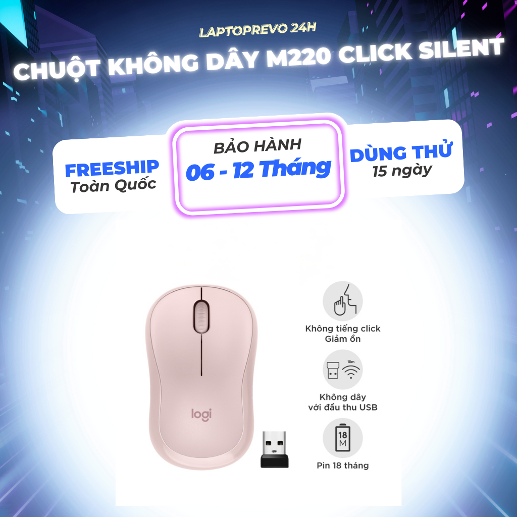 ``Chuột Không Dây M220 Hồng Silent Click - Giải Pháp Im Lặng Cho Laptop, Bảo Hành 12 Tháng