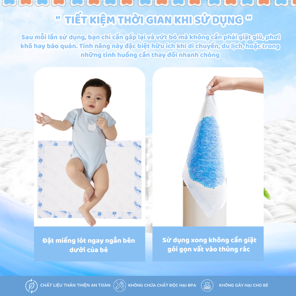 Tấm Lót Chống Thấm Dùng Một Lần Molli Cho Bé, Size S/M/L, đa dạng kích thước gói, thấm hút, tiện lợi