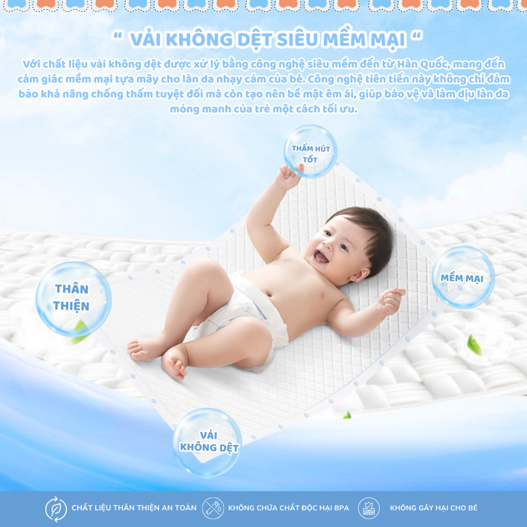 Tấm Lót Chống Thấm Dùng Một Lần Molli Cho Bé, Size S/M/L, đa dạng kích thước gói, thấm hút, tiện lợi
