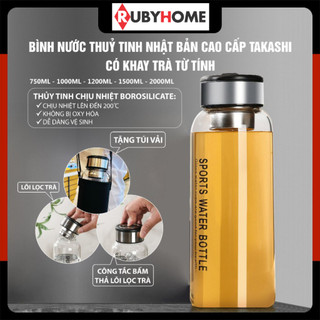 Bình thủy tinh Nhật Bản TAKASHI , chịu nhiệt tốt , có nắp từ tính , tặng kèm túi vải và cọ rửa bình