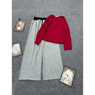 Set bộ áo bbt cúc ngực dài tay mix quần xuông xám phối cạp đen