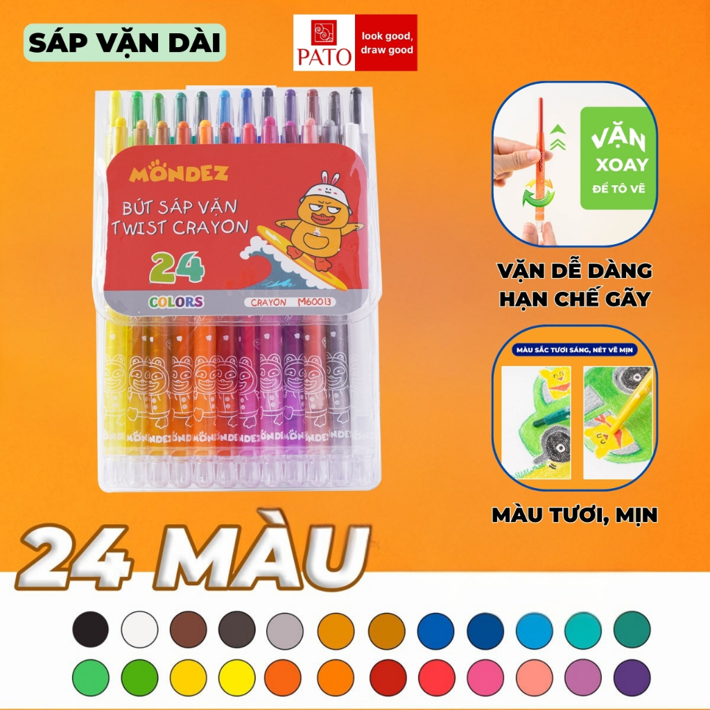 Bút Sáp Vặn Dài 24 Màu Khó Gãy, Màu Hữu Cơ An Toàn Cho Bé, Tươi Sáng, Bám Màu Tốt Trên Giấy, Không Bẩn Tay M60013