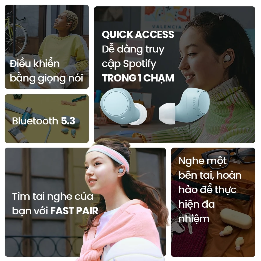 Tai nghe Bluetooth Sony WF-C510 pin 22h, kết nối đa điểm, chống nước IPX4, âm thanh 360 độ