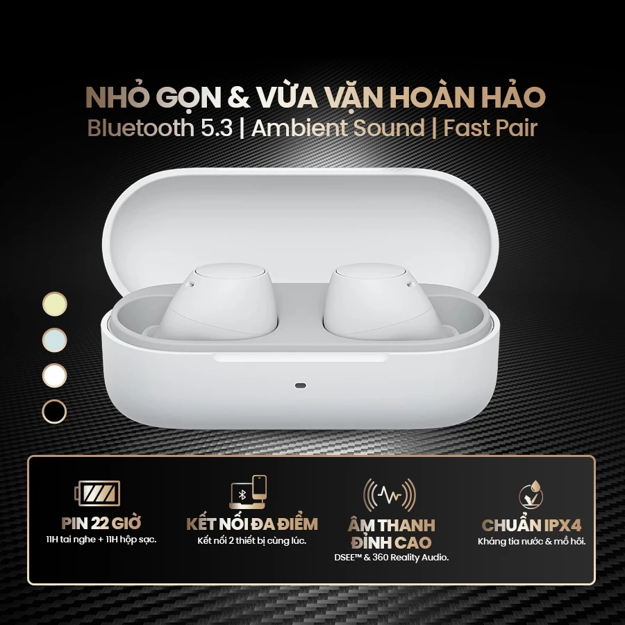 Tai nghe Bluetooth Sony WF-C510 pin 22h, kết nối đa điểm, chống nước IPX4, âm thanh 360 độ