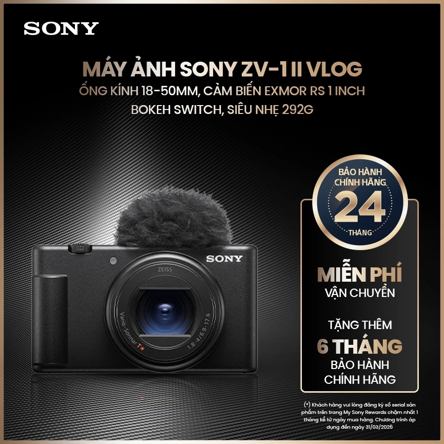 Máy ảnh Sony ZV-1 II vlog ống kính 18-50mm, cảm biến Exmor RS 1 inch, Bokeh Switch, siêu nhẹ 292g
