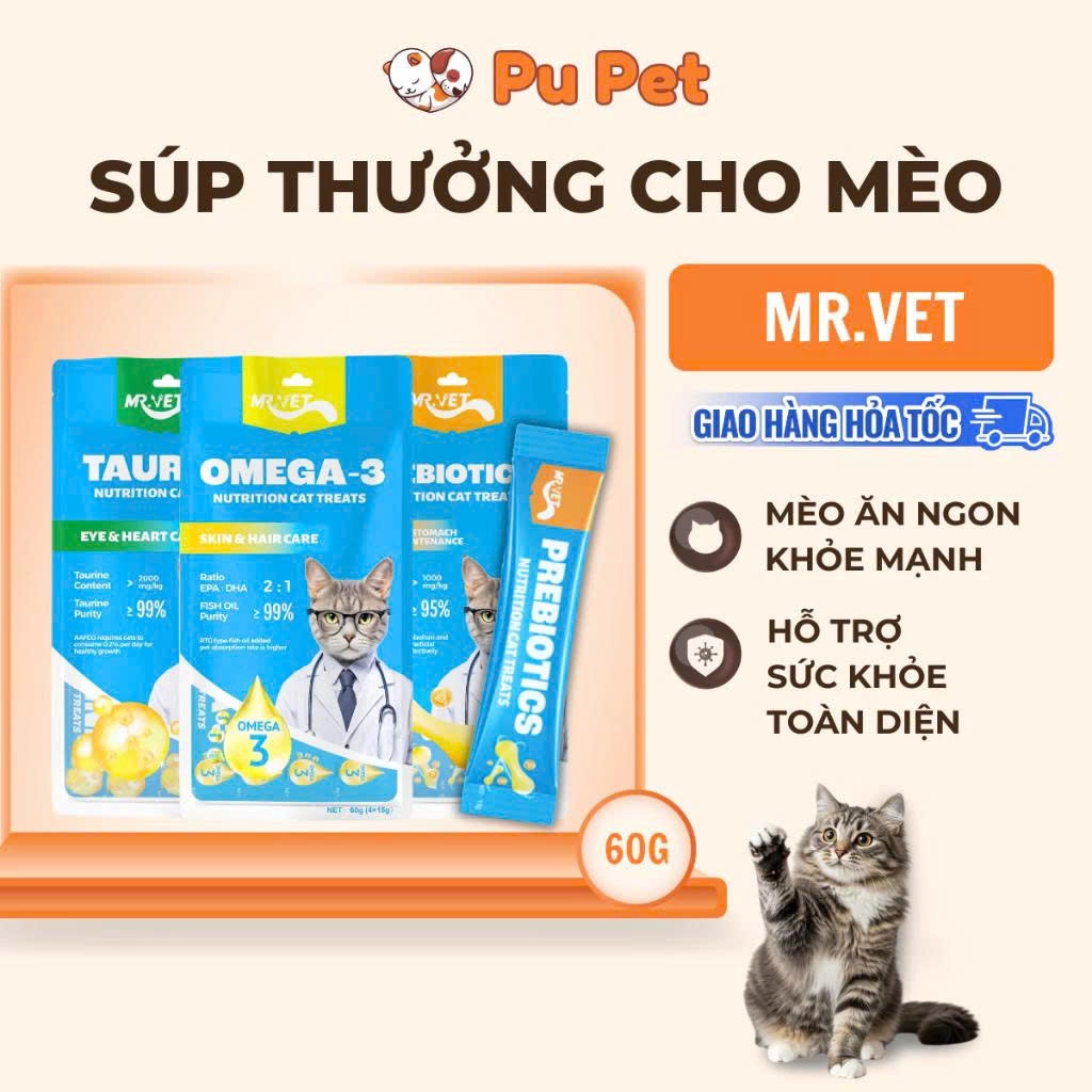 Combo 24 Gói Súp Thưởng Cho Mèo MR.VET Túi 60g (4 Thanh) Bổ Sung Omega 3 Prebiotics Taurine