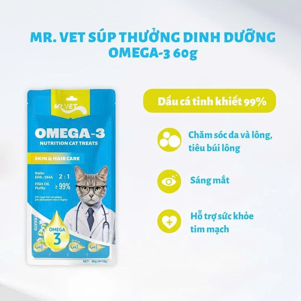 Combo 24 Gói Súp Thưởng Cho Mèo MR.VET Túi 60g (4 Thanh) Bổ Sung Omega 3 Prebiotics Taurine