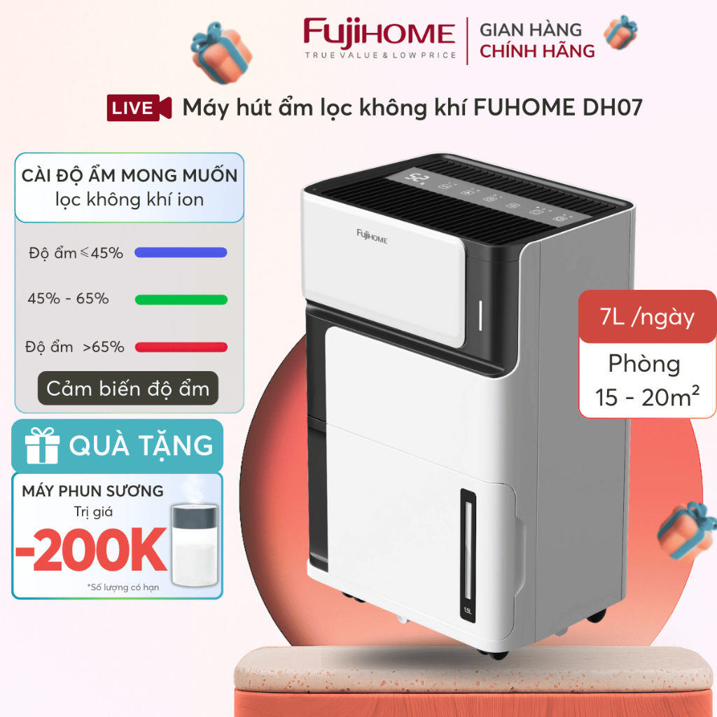 Máy hút ẩm máy nén 7L FUJIHOME DH07 lọc không khí sấy quần áo công nghệ block cài độ ẩm