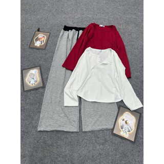 Set bộ áo bbt cúc ngực dài tay mix quần xuông xám phối cạp đen