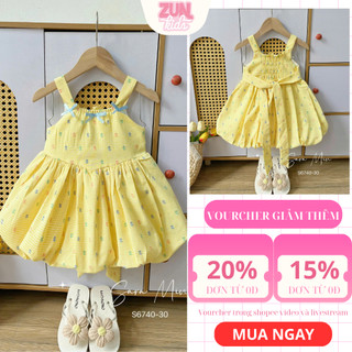Đầm Bé Gái Dáng Bí 2 Dây Đính Nơ Màu Vàng S6740 – Váy Hè Cotton Cho Bé Gái 2–12 Tuổi