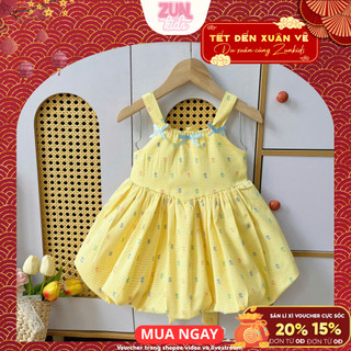 Đầm Bé Gái Dáng Bí 2 Dây Đính Nơ Màu Vàng S6740 – Váy Hè Cotton Cho Bé Gái 2–12 Tuổi
