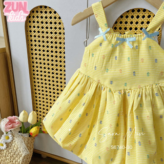 Đầm Bé Gái Dáng Bí 2 Dây Đính Nơ Màu Vàng S6740 – Váy Hè Cotton Cho Bé Gái 2–12 Tuổi