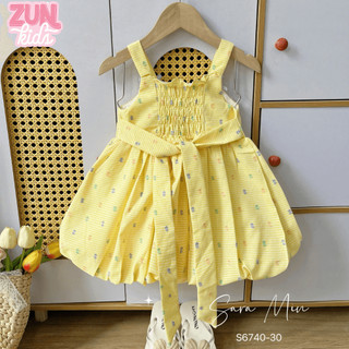 Đầm Bé Gái Dáng Bí 2 Dây Đính Nơ Màu Vàng S6740 – Váy Hè Cotton Cho Bé Gái 2–12 Tuổi