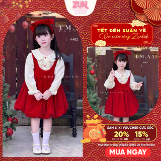 Set Bộ Bé Gái Áo Sơ Mi Cổ Sen + Yếm Nhung Đỏ Rời A462 | Đầm Công Chúa Tiểu Thư Dễ Thương, Mặc Lễ Hội Tết, Noel Tết