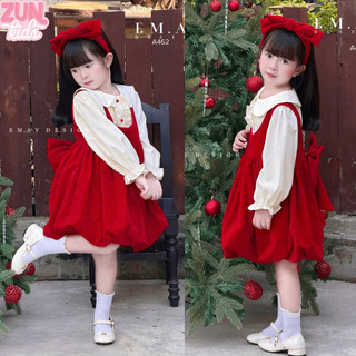 Set Bộ Bé Gái Áo Sơ Mi Cổ Sen + Yếm Nhung Đỏ Rời A462 | Đầm Công Chúa Tiểu Thư Dễ Thương, Mặc Lễ Hội Tết, Noel Tết