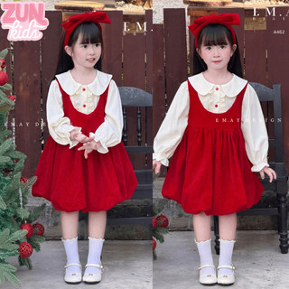Set Bộ Bé Gái Áo Sơ Mi Cổ Sen + Yếm Nhung Đỏ Rời A462 | Đầm Công Chúa Tiểu Thư Dễ Thương, Mặc Lễ Hội Tết, Noel Tết