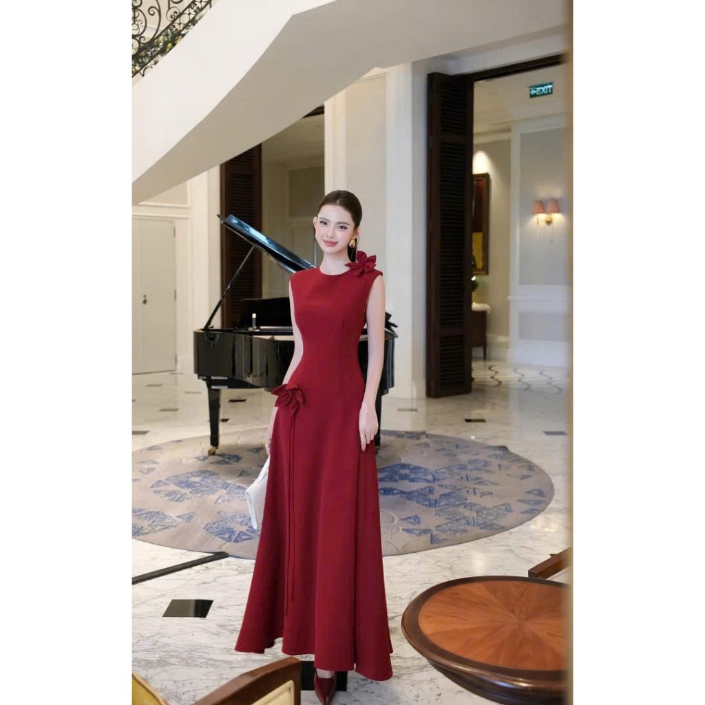 Đầm mango nữ dáng dài sát nách đính hoa eo thanh lịch sang trọng dự tiệc cao cấp KÈM ẢNH THẬT