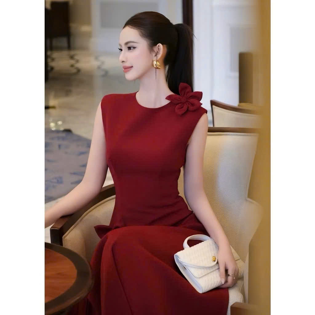 Đầm mango nữ dáng dài sát nách đính hoa eo thanh lịch sang trọng dự tiệc cao cấp KÈM ẢNH THẬT
