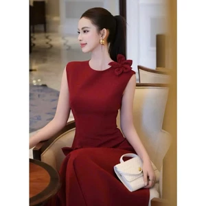 Đầm mango nữ dáng dài sát nách đính hoa eo thanh lịch sang trọng dự tiệc cao cấp KÈM ẢNH THẬT