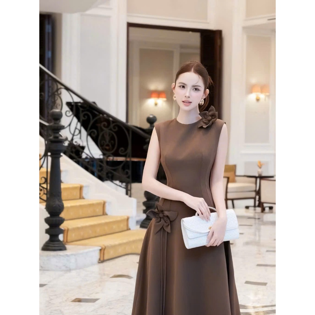 Đầm mango nữ dáng dài sát nách đính hoa eo thanh lịch sang trọng dự tiệc cao cấp KÈM ẢNH THẬT