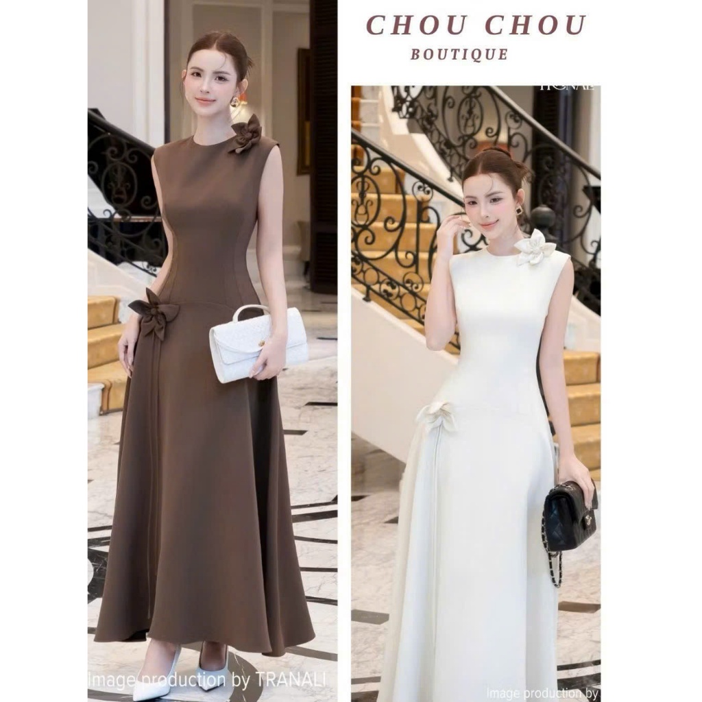 Đầm mango nữ dáng dài sát nách đính hoa eo thanh lịch sang trọng dự tiệc cao cấp KÈM ẢNH THẬT