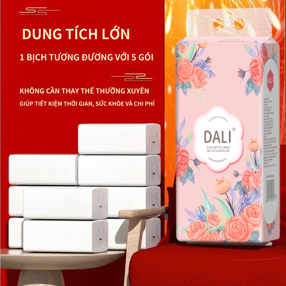 Thùng 12 Bịch Giấy Treo Đa Năng DALI Hoa Hồng, Khăn Rút Treo Trường 4 Lớp mỗi bịch 1000 Tờ Tặng Kèm 6 Móc Treo