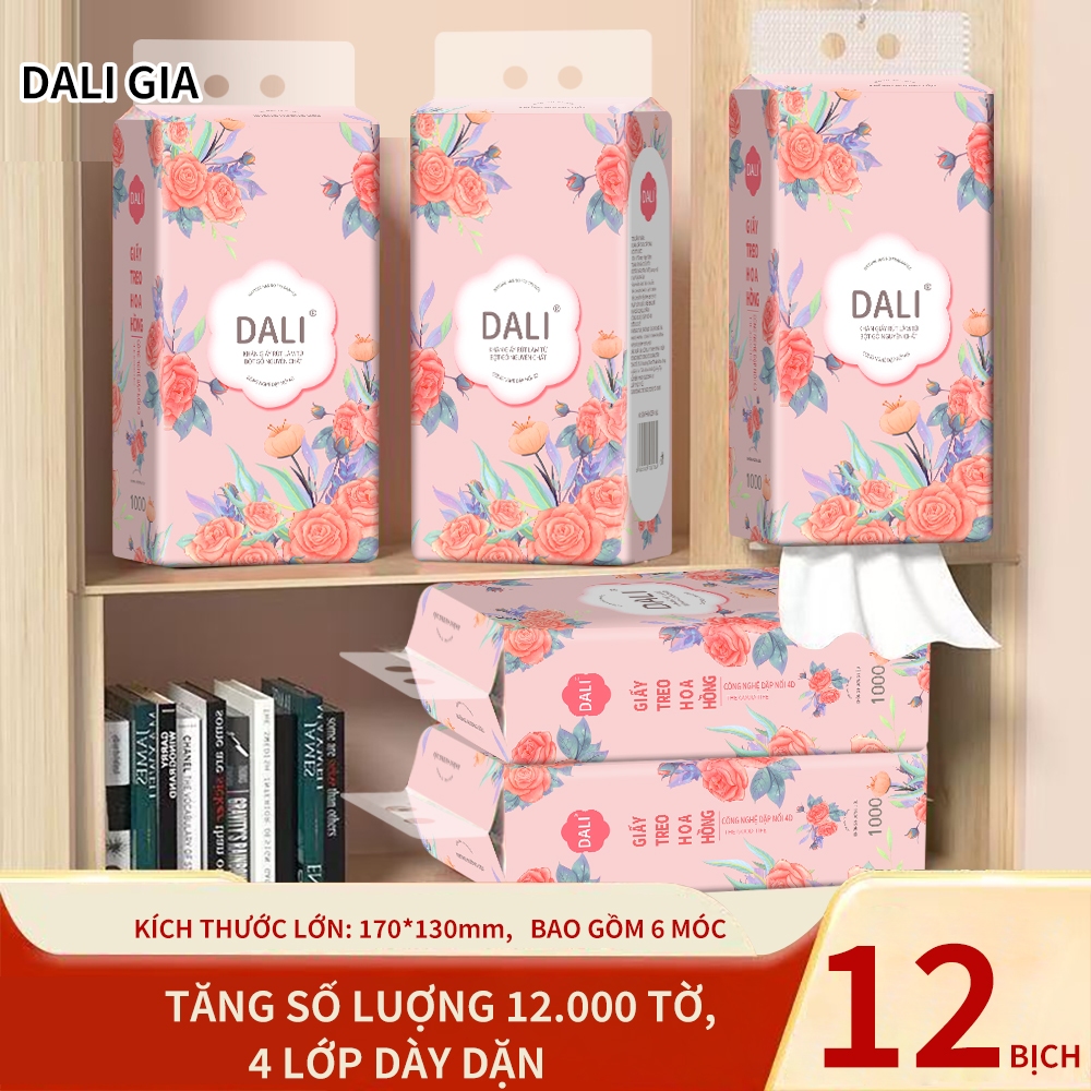 Thùng 12 Bịch Giấy Treo Đa Năng DALI Hoa Hồng, Khăn Rút Treo Trường 4 Lớp mỗi bịch 1000 Tờ Tặng Kèm 6 Móc Treo