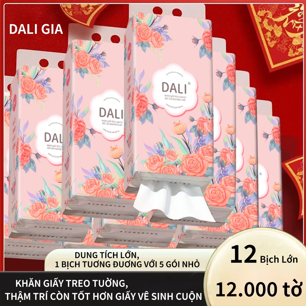 Top Giấy ăn gấu trúc hoa hồng DALI thùng 12 bịch lớn giấy rút treo tường giấy vệ sinh Perfect Softness (TẶNG 6 móc treo)