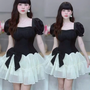 Đầm rubi phối tơ nữ cổ vuông tay phồng đính nơ eo dáng xòe dự tiệc sang trọng KÈM ẢNH CHỤP THẬT