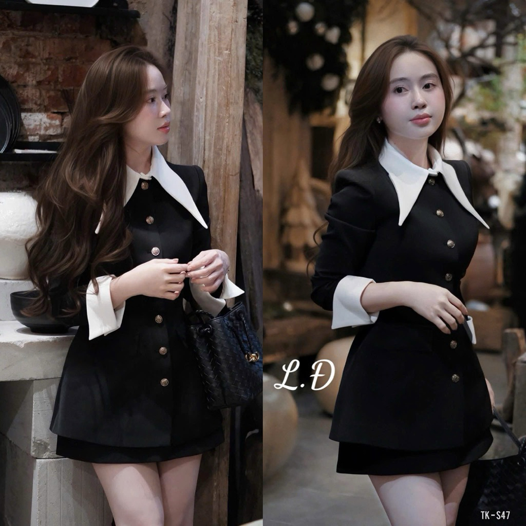 Set áo vest + chân váy phối cổ tay sơ mi   Thanh lịch dễ mặc   SM