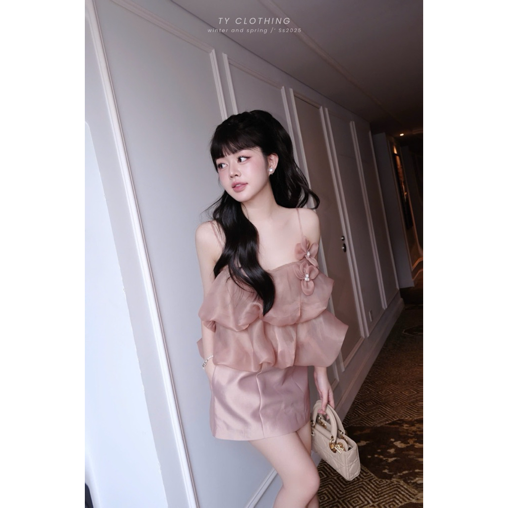 Set áo bèo tơ hoa cài - Hàng thiết kế - màu nâu - TY CLOTHING