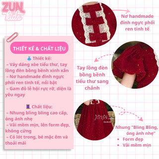Váy Bé Gái Nhung Bling Bling Tay Lồng Đèn C6125 | Đầm Tiểu Thư Đính Nơ Handmade Phối Ren, Dự Tiệc Noel Tết