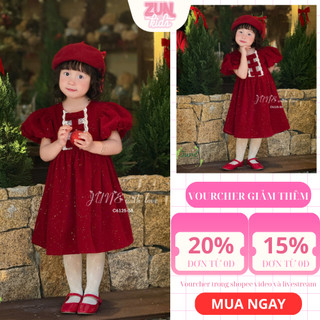 Váy Bé Gái Nhung Bling Bling Tay Lồng Đèn C6125 | Đầm Tiểu Thư Đính Nơ Handmade Phối Ren, Dự Tiệc Noel Tết