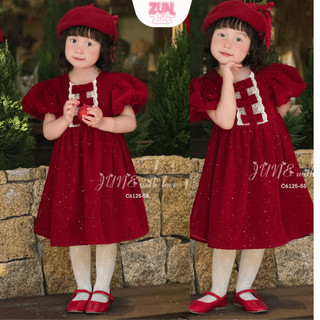 Váy Bé Gái Nhung Bling Bling Tay Lồng Đèn C6125 | Đầm Tiểu Thư Đính Nơ Handmade Phối Ren, Dự Tiệc Noel Tết
