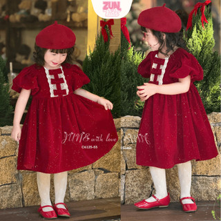 Váy Bé Gái Nhung Bling Bling Tay Lồng Đèn C6125 | Đầm Tiểu Thư Đính Nơ Handmade Phối Ren, Dự Tiệc Noel Tết