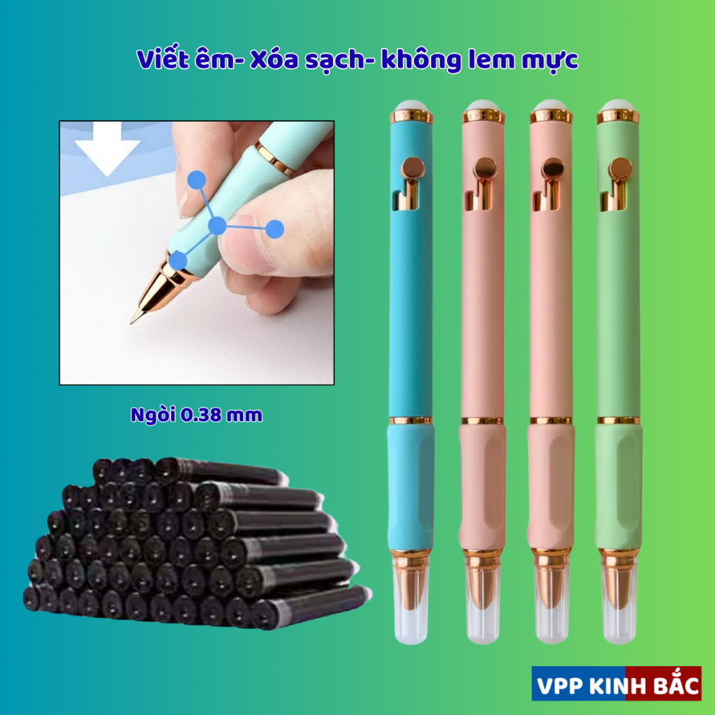 Bút Máy Bấm Tẩy Xóa BC-03, { TẶNG 2 TẨY } Ngòi 0.38mm, Mực Ra Đều, Êm Trơn, Không Gai Giấy