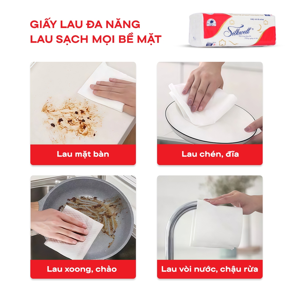 Thùng 18 gói Giấy lau đa năng Silkwell 100 tờ 2 lớp siêu dai, giấy lau đa năng làm giấy lau bếp, giấy thấm dầu