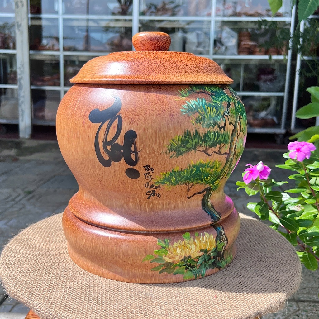[ TẶNG ẤM 1200ML ] Bình Ủ Ấm Trà Gỗ Dừa Vẽ Thư Pháp Mẫu THỌ XANH Giữ Nhiệt Cao Cấp Trang Trí Decor & Quà Tặng Sang Trọng