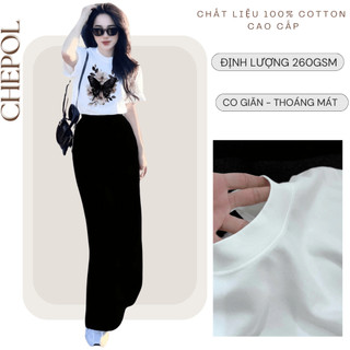 Bộ Áo Phông Nữ Chepol Cổ tròn, Form Rộng, Tay ngắn, Chất Cotton Cao Cấp, Co Giãn ( Áo Thun Trắng+Chân Váy Xuông)CP_x5864