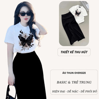 Bộ Áo Phông Nữ Chepol Cổ tròn, Form Rộng, Tay ngắn, Chất Cotton Cao Cấp, Co Giãn ( Áo Thun Trắng+Chân Váy Xuông)CP_x5864