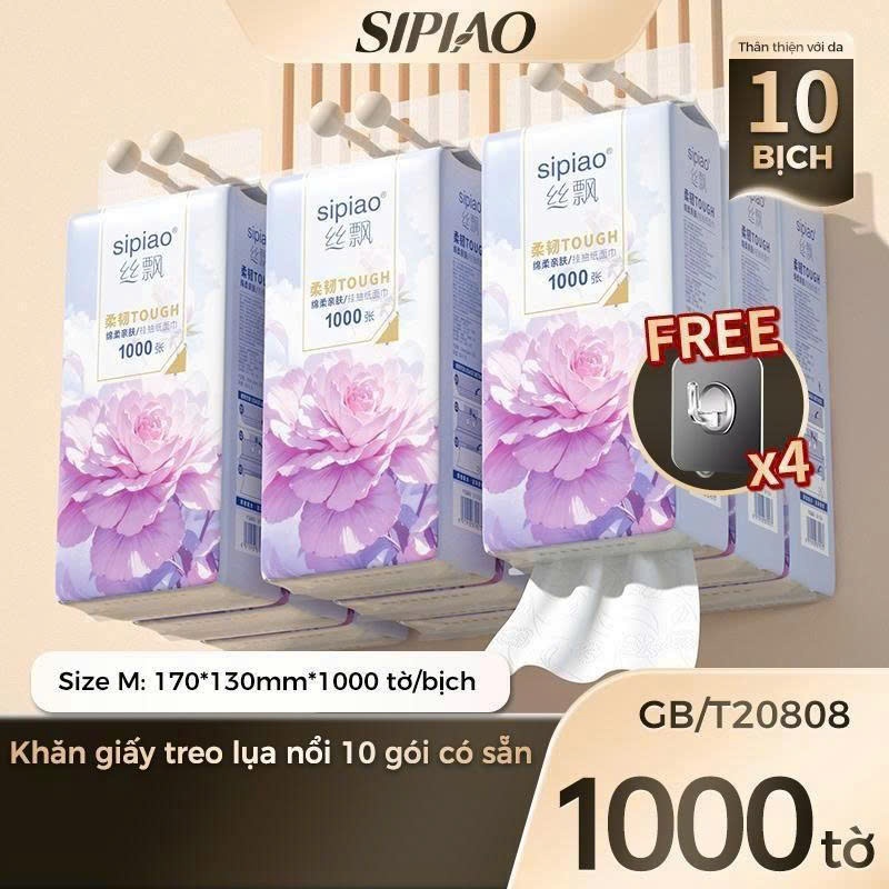 Thùng 10 Bịch Giấy Treo Đa Năng SIPIAO Hoa Mẫu Đơn, Khăn Rút Treo Trường 5 Lớp mỗi bịch 1000 Tờ Loại 1