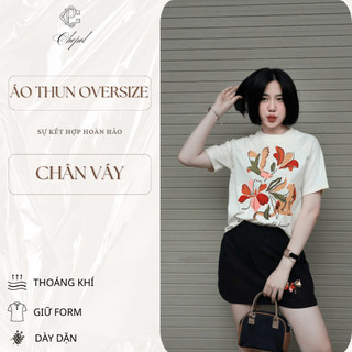 Set Bộ Áo Phông Nữ Chepol Form Rộng, In Hoa, Cổ Tròn, Phối Chân Váy, Chất Cotton ( Áo Thun Trắng + Chân Váy Đen)CP_x9382