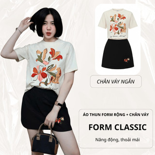 Set Bộ Áo Phông Nữ Chepol Form Rộng, In Hoa, Cổ Tròn, Phối Chân Váy, Chất Cotton ( Áo Thun Trắng + Chân Váy Đen)CP_x9382