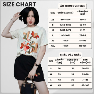 Set Bộ Áo Phông Nữ Chepol Form Rộng, In Hoa, Cổ Tròn, Phối Chân Váy, Chất Cotton ( Áo Thun Trắng + Chân Váy Đen)CP_x9382