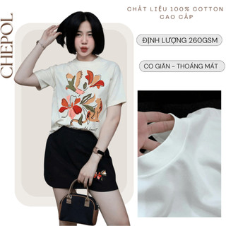 Set Bộ Áo Phông Nữ Chepol Form Rộng, In Hoa, Cổ Tròn, Phối Chân Váy, Chất Cotton ( Áo Thun Trắng + Chân Váy Đen)CP_x9382