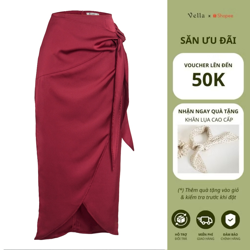 Chân váy bút chì lụa công sở dáng dài thắt nơ che bụng màu đỏ, đen Vella VV25089